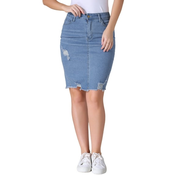 INSPIRE CHIC Women's Denim Ripped Raw Hem High Waisted Stretch Above the Knee Jean Skirts M Light Blue