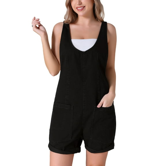 INSPIRE CHIC Women's Denim Romper Sleeveless Casual Loose Jean Overall Shorts with Pockets 2XL Black