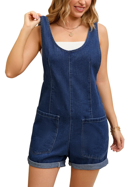 Women's Denim Romper Sleeveless Casual Loose Jean Overall Shorts with Pockets L Dark Blue