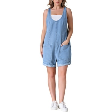 INSPIRE CHIC Women's Denim Romper Sleeveless Casual Loose Jean Overall Shorts with Pockets S Blue
