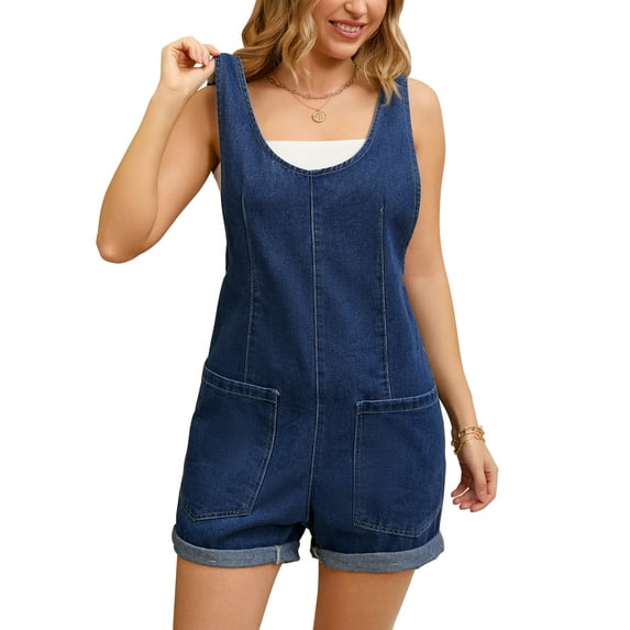 INSPIRE CHIC Women's Denim Romper Sleeveless Casual Loose Jean Overall Shorts with Pockets S Dark Blue