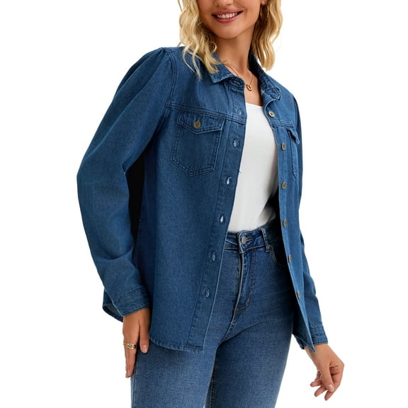 INSPIRE CHIC Women's Blouse Denim Long Puff Sleeve Button Down Shirts with Pocket Casual Work Jean Top M Dark Blue