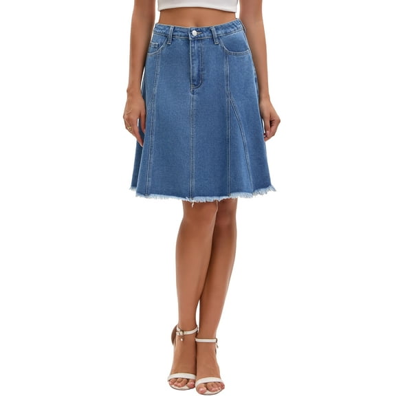INSPIRE CHIC Women's Denim Skirt A Line High Waist Flared Raw Hem with Pockets Casual Jean Skirts 2XL Blue