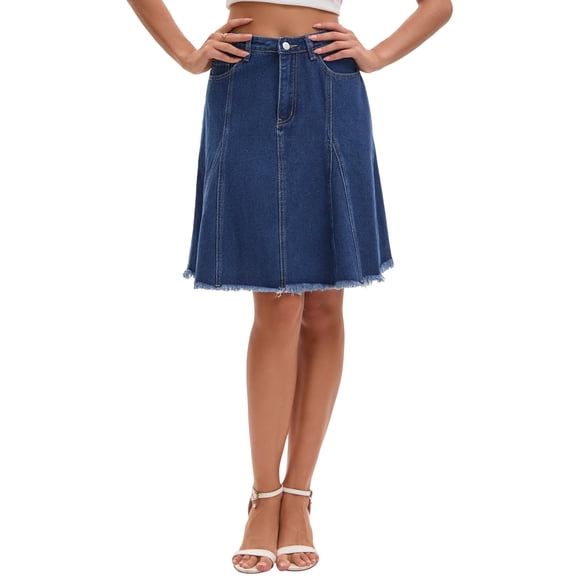 INSPIRE CHIC Women's Denim Skirt A Line High Waist Flared Raw Hem with Pockets Casual Jean Skirts M Dark Blue