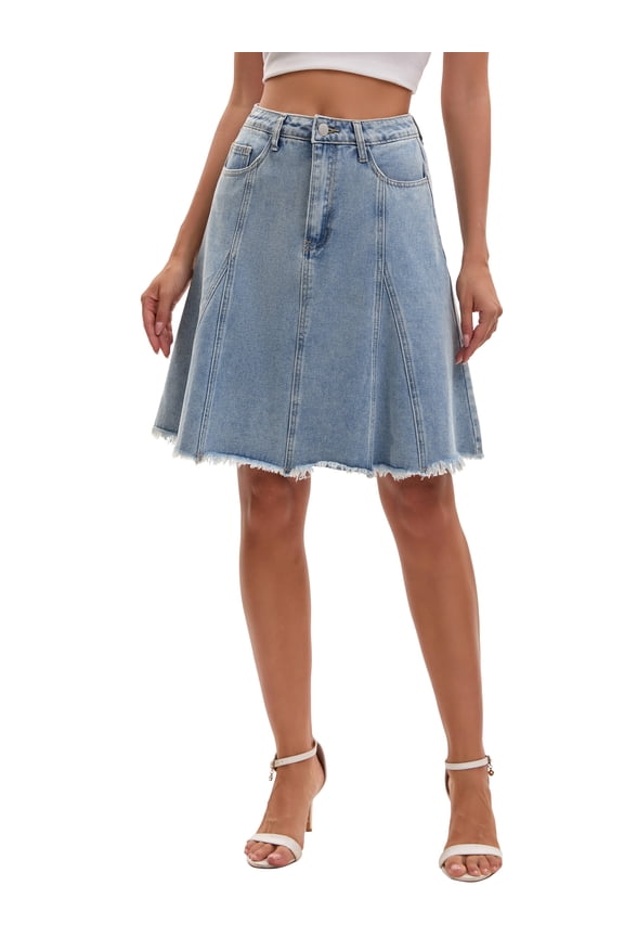 Women's Denim Skirt A Line High Waist Flared Raw Hem with Pockets Casual Jean Skirts M Light Gary Blue