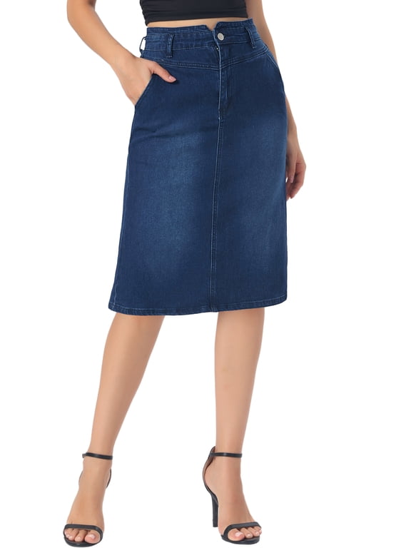 Women's Denim Skirt Back Slit Stretchy High Waisted Casual Midi Jean Skirt L Dark Blue