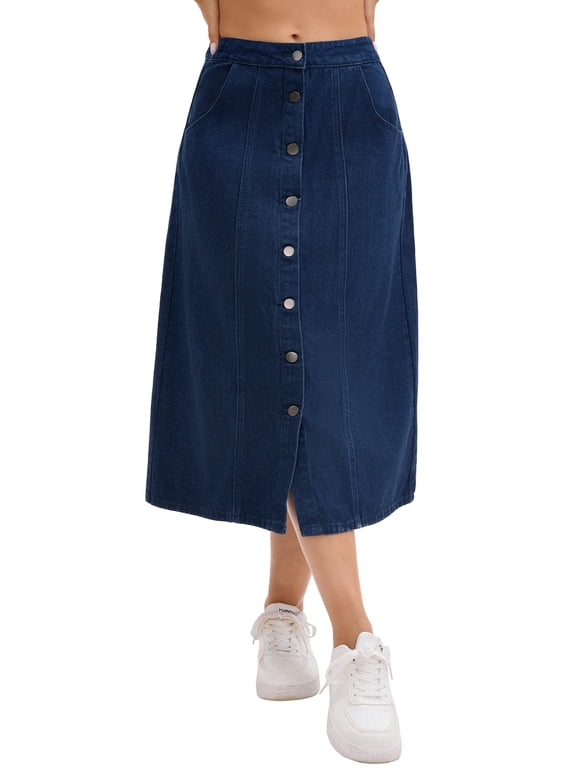 Women's Skirt Denim Button Down Front Slit High Waisted A Line Pockets Midi Jean Skirts L Dark Blue