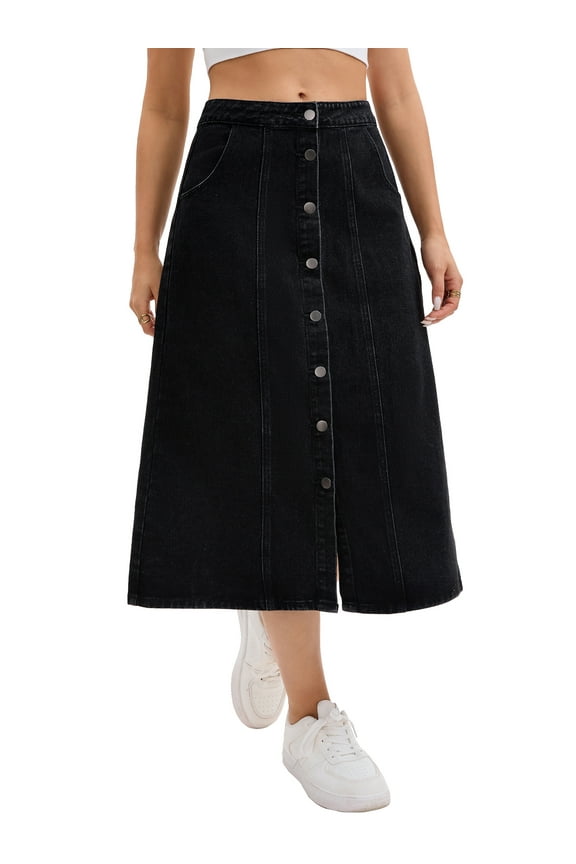 Women's Skirt Denim Button Down Front Slit High Waisted A Line Pockets Midi Jean Skirts M Black