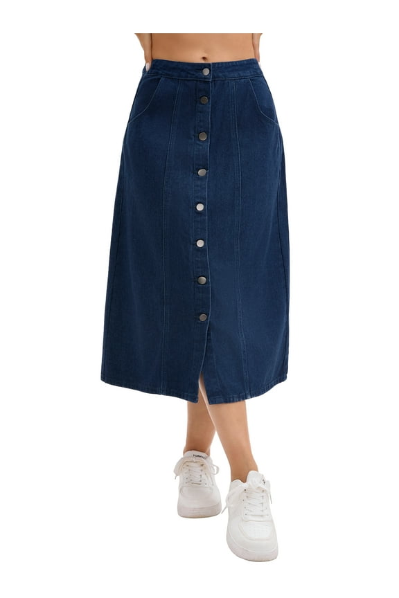 Women's Skirt Denim Button Down Front Slit High Waisted A Line Pockets Midi Jean Skirts S Dark Blue