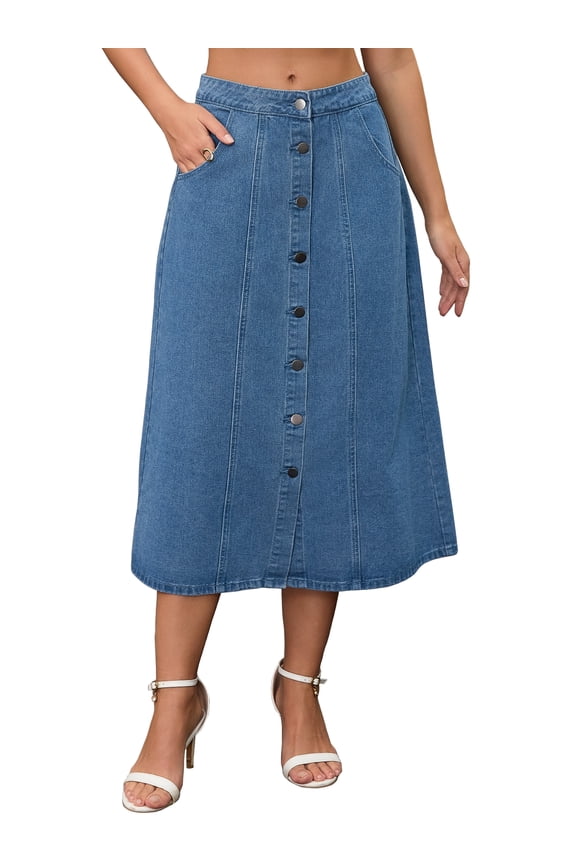 Women's Skirt Denim Button Down Front Slit High Waisted A Line Pockets Midi Jean Skirts XL Blue