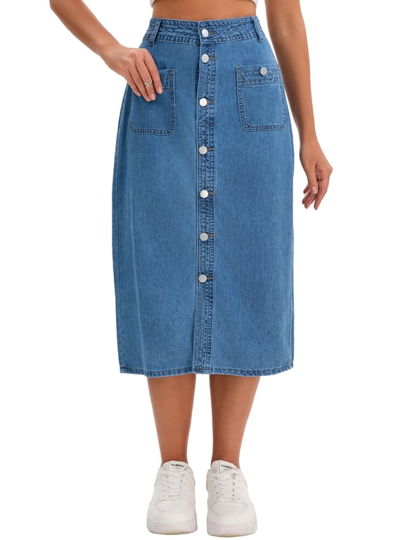 Women's Denim Skirt Button Down Front Slit with Pockets High Waist Pencil Skirt Midi Jean Skirts M Blue