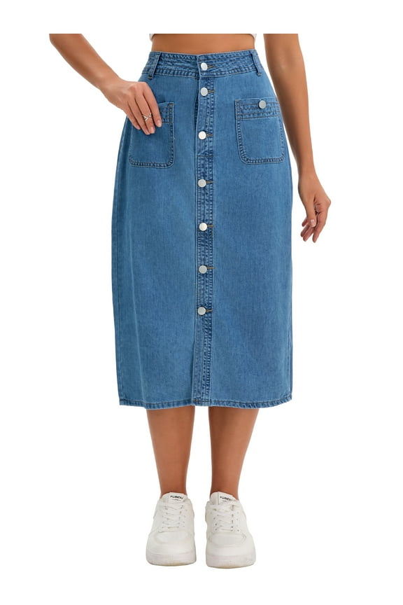 Women's Denim Skirt Button Down Front Slit with Pockets High Waist Pencil Skirt Midi Jean Skirts M Blue