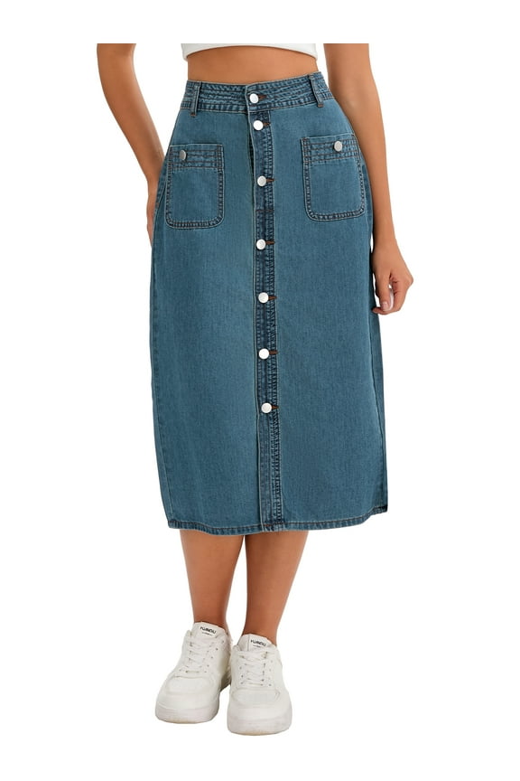 Women's Denim Skirt Button Down Front Slit with Pockets High Waist Pencil Skirt Midi Jean Skirts S Retro Blue
