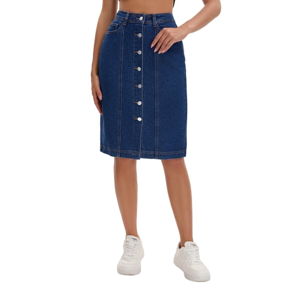 INSPIRE CHIC Women's Denim Skirt Button Down Pockets 2026 Western Midi Jean Skirts L Deep Blue