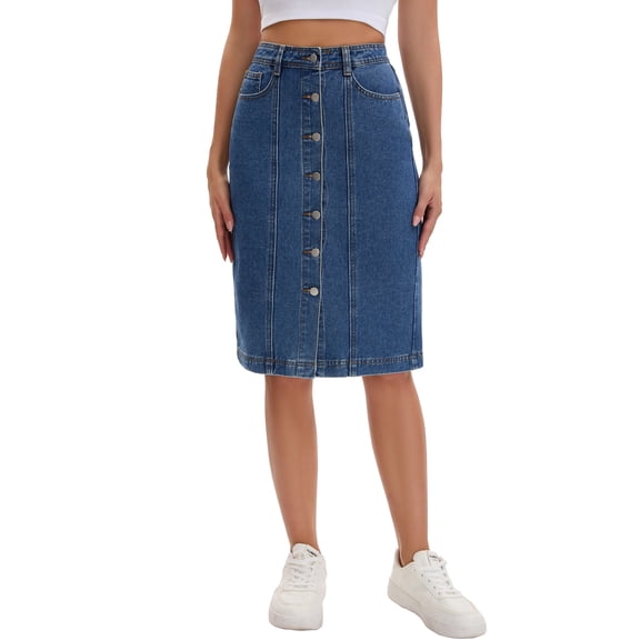 INSPIRE CHIC Women's Denim Skirt Button Down Pockets 2026 Western Midi Jean Skirts XL Blue