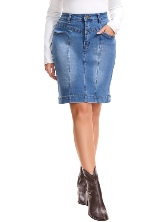 Women's Denim Skirt Casual High Waisted Pockets Above the Knee Stretchy Jean Pencil Skirts L Sky Blue