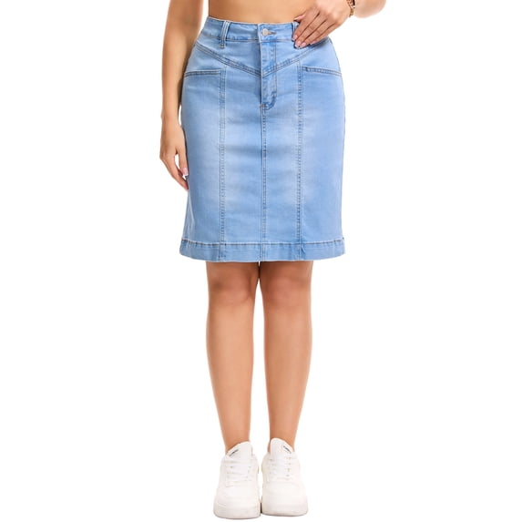 INSPIRE CHIC Women's Denim Skirt Casual High Waisted Pockets Above the Knee Stretchy Jean Pencil Skirts M Light Blue