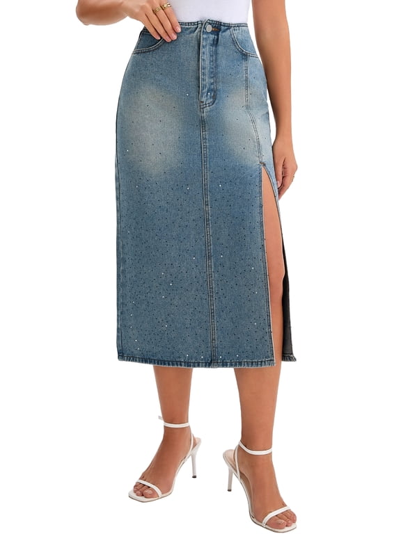 Women's Denim Skirt Casual Side Split A Line Stretchy Pencil Skirt High Waist Jean Skirts S Gray Blue