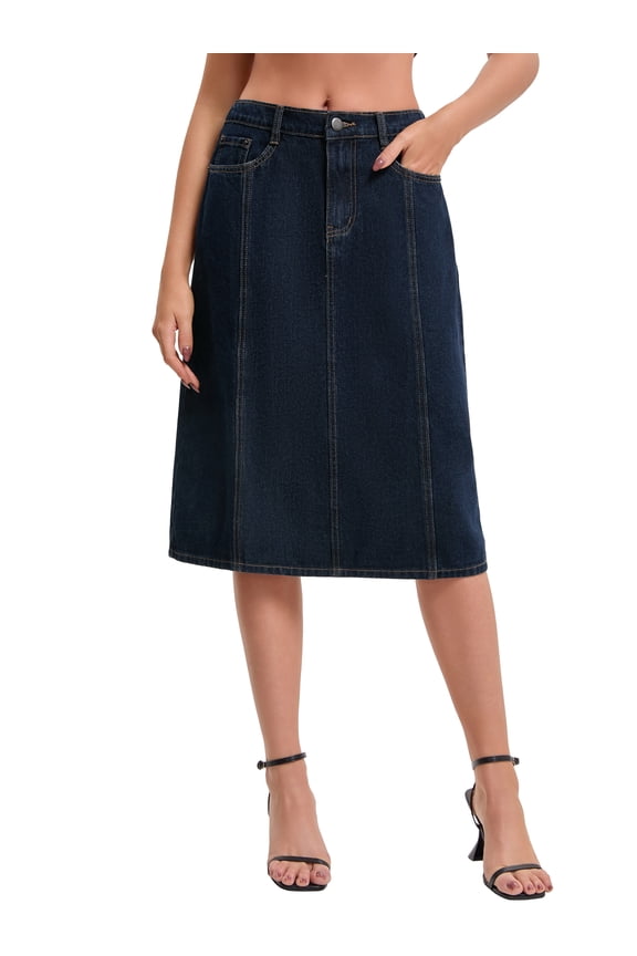 Women's Denim Skirt High Waist A Line Elastic Back Waist Casual Knee Length Jean Skirts M Black Blue