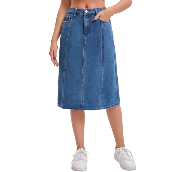 INSPIRE CHIC Women's Denim Skirt High Waist A Line Elastic Back Waist Casual Knee Length Jean Skirts M Blue