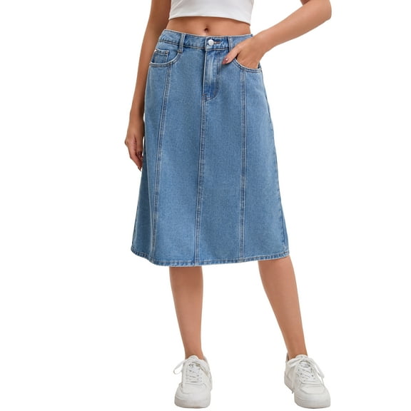 INSPIRE CHIC Women's Jean Skirts High Waist A Line Elastic Back Waist Casual Knee Length Denim Skirt XL Light Blue