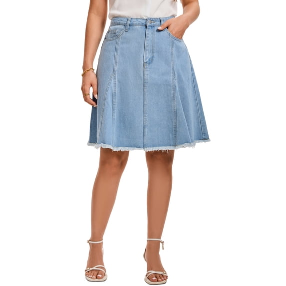 INSPIRE CHIC Women's Denim Skirt High Waist A-Line Raw Hem Jean Skirt Light Blue L