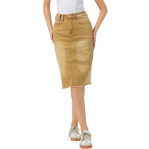 INSPIRE CHIC Women's Denim Skirt High Waist Raw Hem Knee Length Wrap Jean Skirts L Yellowish Brown