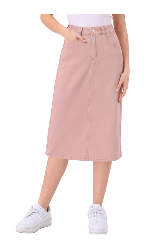 Women's Denim Skirts High Waist Zipped Split Back Midi Jean Skirts with Pockets M Pink