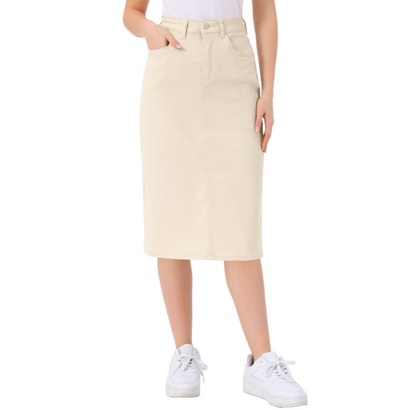 INSPIRE CHIC Women's Denim Skirts High Waist Zipped Split Back Midi Jean Skirts with Pockets XS Light Apricot