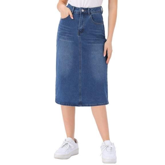 INSPIRE CHIC Women's Denim Skirts High Waist Zipped Split Back Midi Jean Skirts with Pockets XS Sky Blue