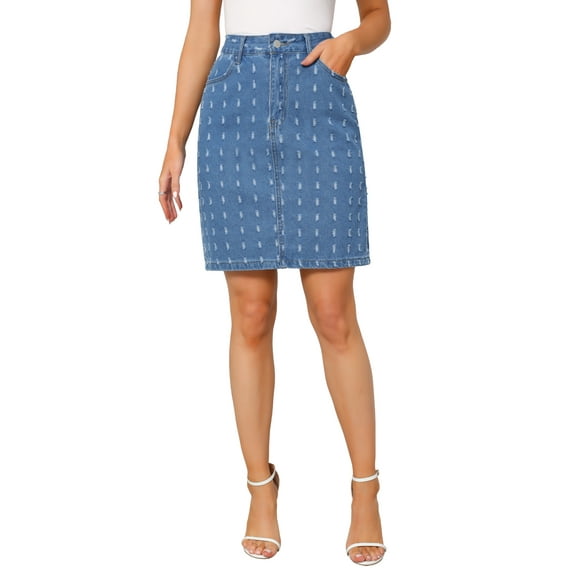 INSPIRE CHIC Women's Denim Skirt High Waist Swiss Dots Distressed H-Line Knee Length Jean Skirts M Blue