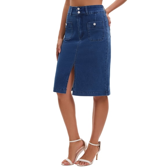 INSPIRE CHIC Women's Denim Skirt High Waisted Front Pockets Stretch Below Knee Length Jean Skirts 2XL Light Blue