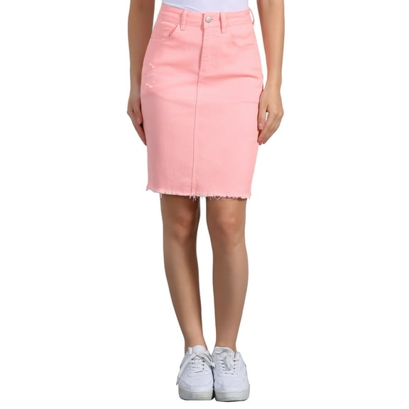 INSPIRE CHIC Women's Denim Skirts Distressed High Waist Ripped Hem Washed Jean Skirts with Pockets L Pink