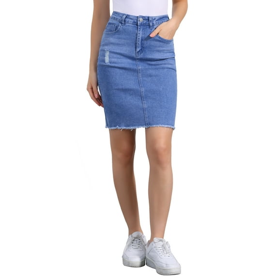 INSPIRE CHIC Women's Denim Skirts Distressed High Waist Ripped Hem Washed Jean Skirts with Pockets M Bright Blue