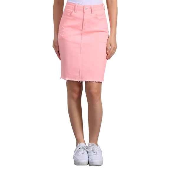 INSPIRE CHIC Women's Denim Skirts Distressed High Waist Ripped Hem Washed Jean Skirts with Pockets XS Pink