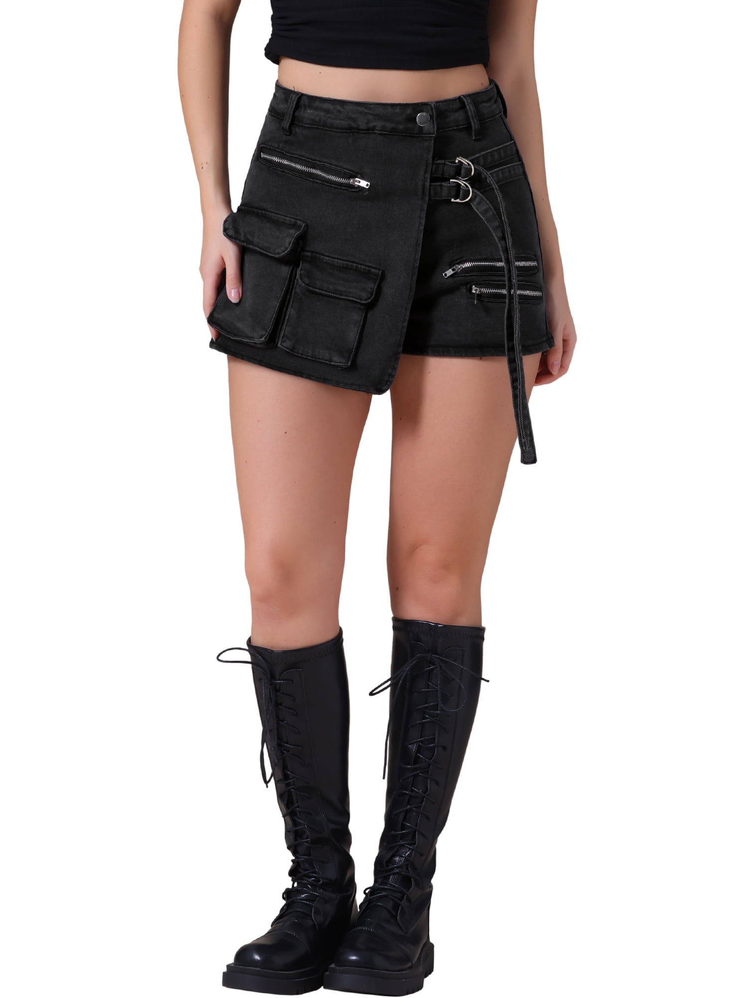 ★ DIAGONAL★ DENIM WRAP SKIRT SHORTS black DA251PT08BK INSPIRE CHIC Women's Denim Skort Zipper Decor Y2K High
