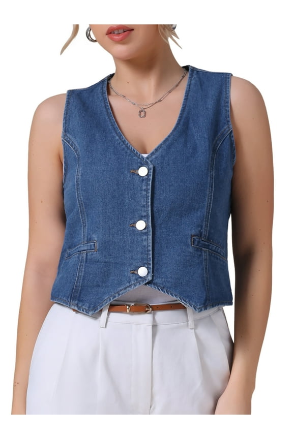 Women's Jean Jacket Sleeveless V Neck Button Down Crop Denim Vest 2XL Blue