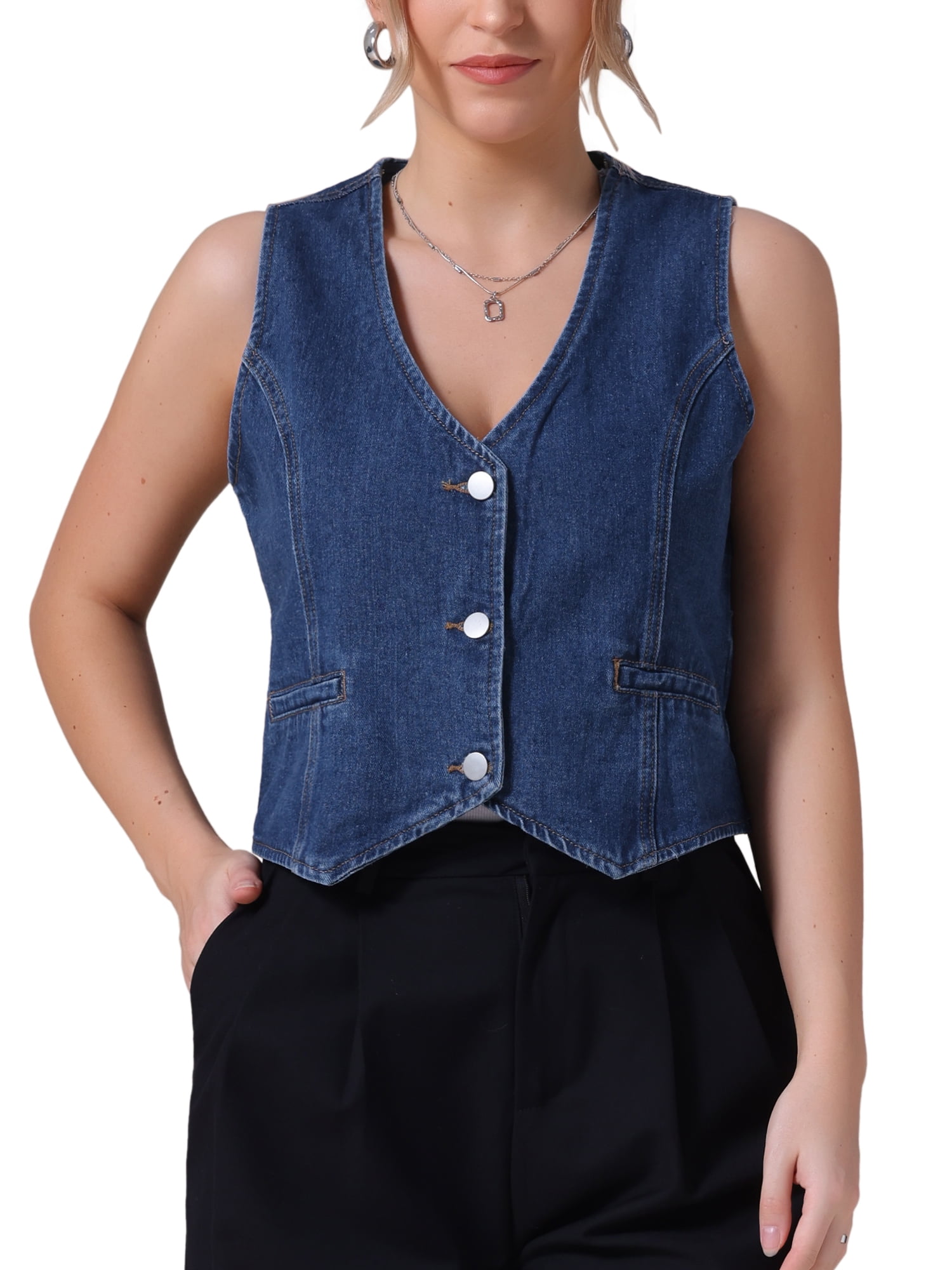 INSPIRE CHIC Women's Jean Jacket Sleeveless V Neck Button Down Crop — free download