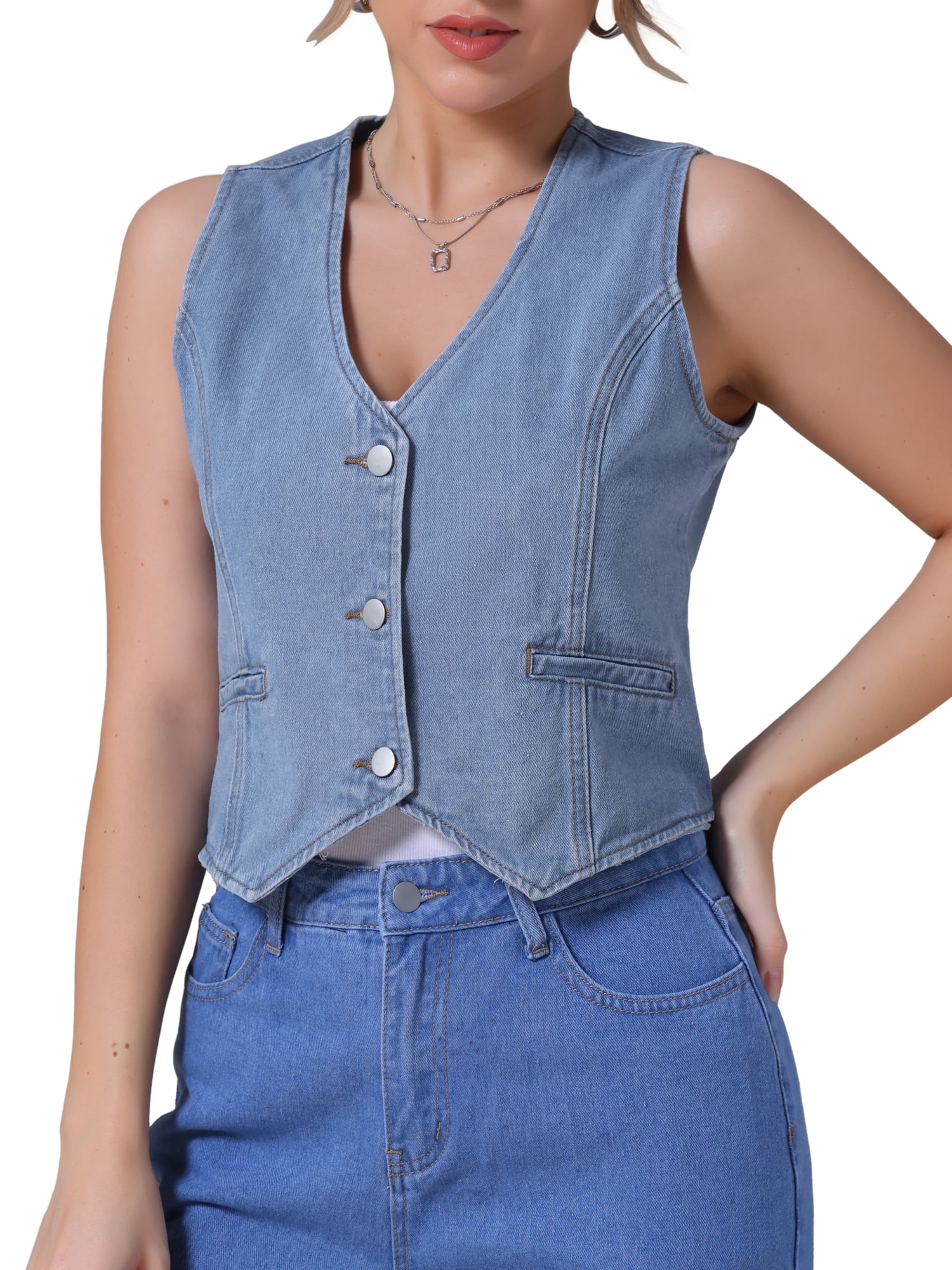 INSPIRE CHIC Women's Jean Jacket Sleeveless V Neck Button Down Crop — free download