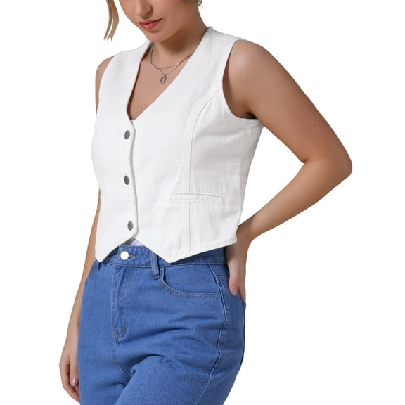 INSPIRE CHIC Women's Jean Jacket Sleeveless V Neck Button Down Crop Denim Vest L White