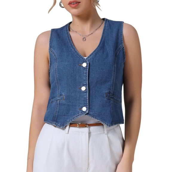 INSPIRE CHIC Women's Jean Jacket Sleeveless V Neck Button Down Crop Denim Vest XL Blue
