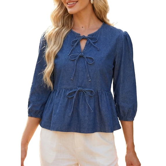 INSPIRE CHIC Women's Denim Tops Tie Front Puff Sleeve Ruffle Hem Peplum Blouse Jean Shirts S Deep Blue