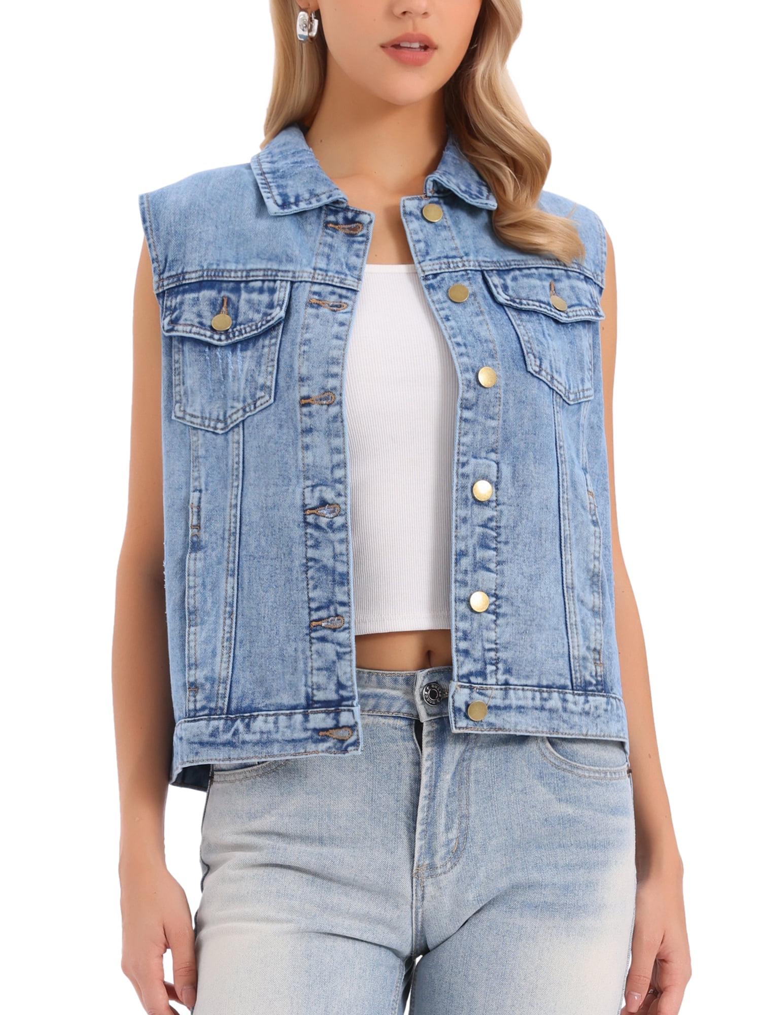 INSPIRE CHIC Women's Denim Vests Button Down Washed Sleeveless Jean — free download