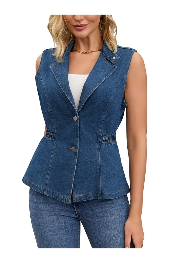 Women's Vest Denim Button Down Notched Lapel Collar Elastic Waist Jean Sleeveless Jackets XL Dark Blue