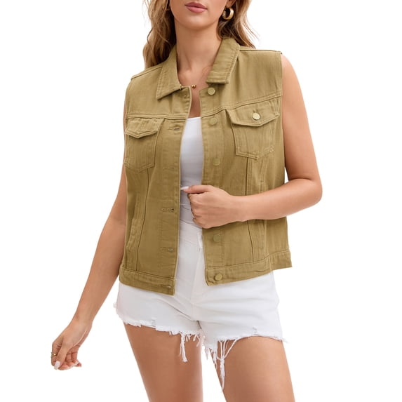 INSPIRE CHIC Women's Denim Vests Button Down Washed Sleeveless Jean Jackets with Pockets Khaki M