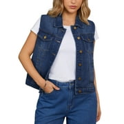 INSPIRE CHIC Women's Denim Vests Button Down Washed Sleeveless Jean Jackets with Pockets Dark Blue S