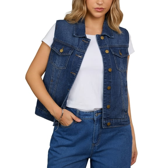 INSPIRE CHIC Women's Denim Vest Button Down Washed Distressed Sleeveless Jean Jacket with Pockets XL Dark Blue