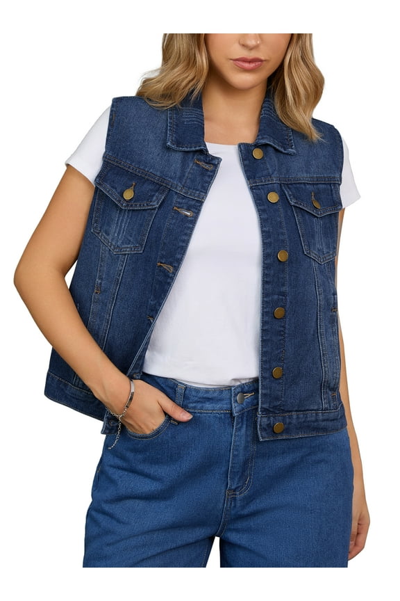 Women's Denim Vest Button Down Washed Distressed Sleeveless Jean Jacket with Pockets XL Dark Blue