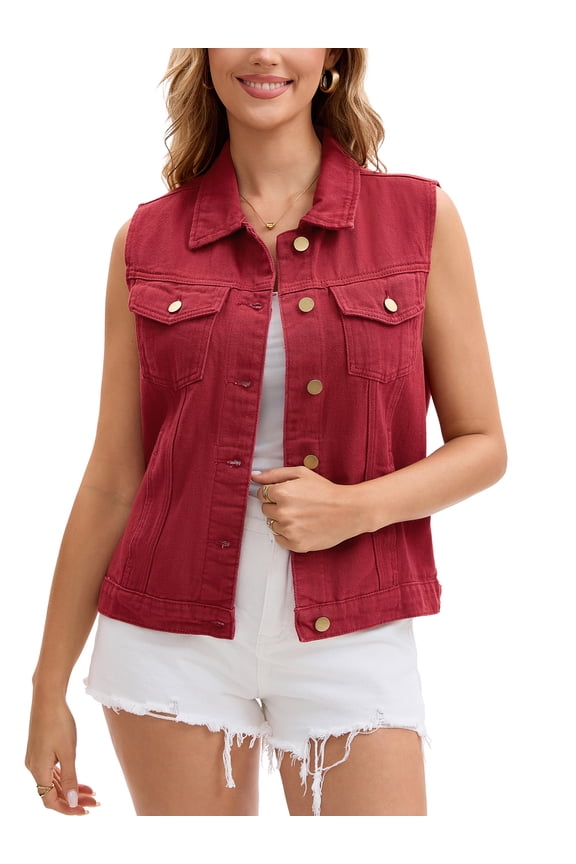 Women's Denim Vests Button Down Washed Sleeveless Jean Jackets with Pockets Red XL