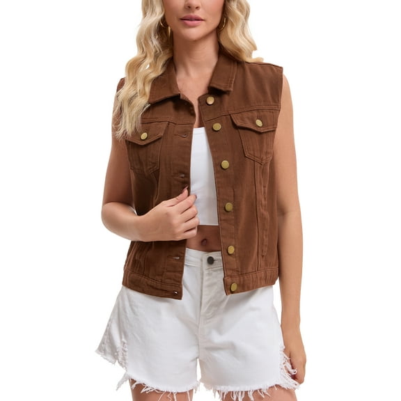 INSPIRE CHIC Women's Denim Vest Button Down Washed Distressed Sleeveless Jean Jacket with Pockets XL Brown